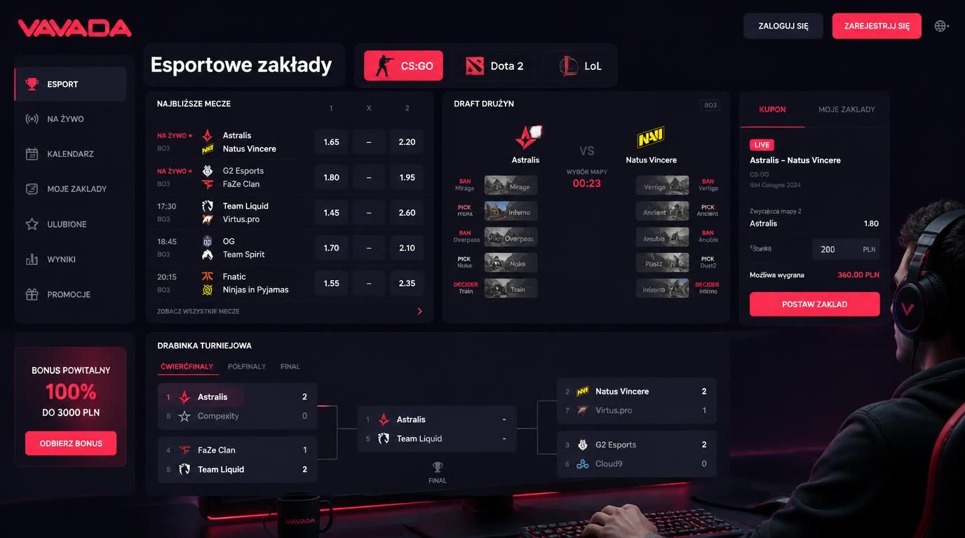  Mężczyzna przed komputerem obstawiający mecz e-sportowy na żywo, dashboard z kursami i drabinką turnieju