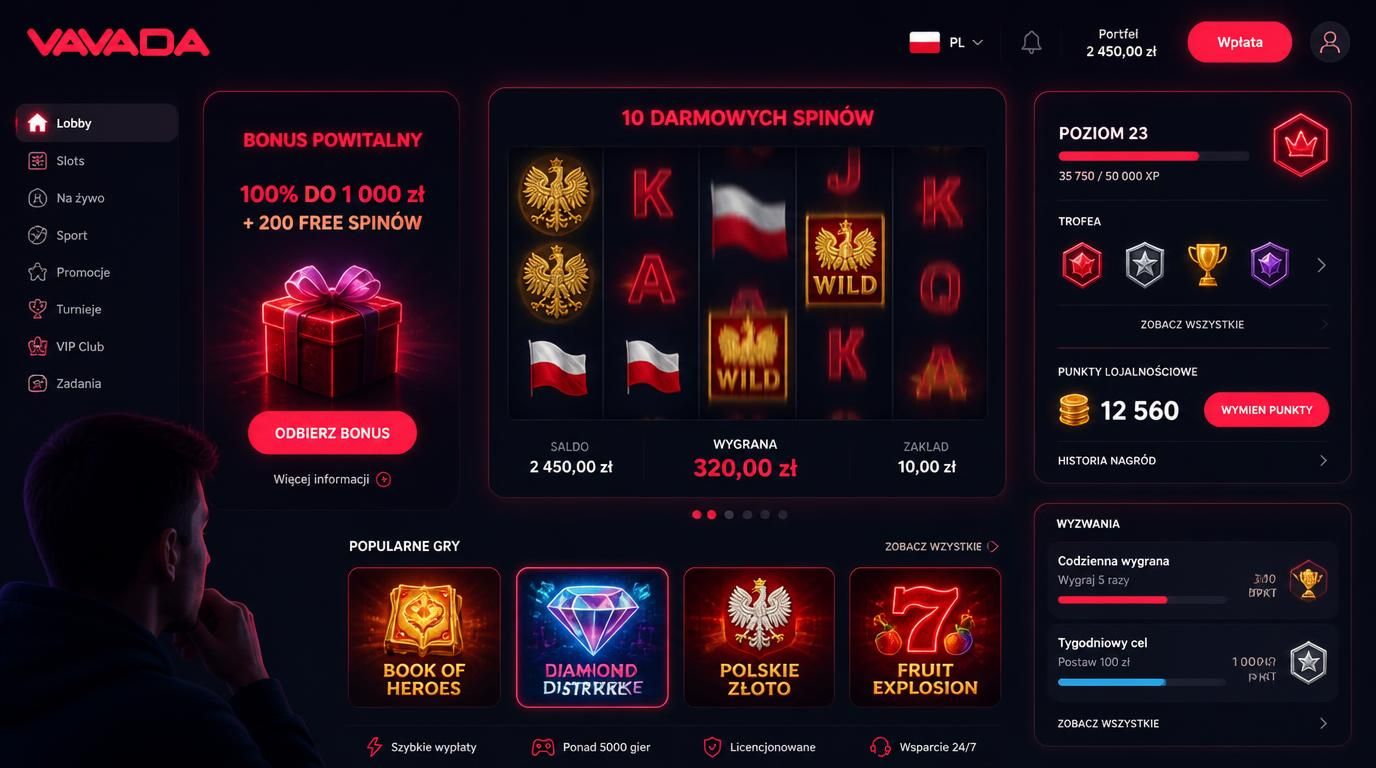  gracz przed ekranem z bonusem powitalnym, free spiny, poziom lojalnościowy 