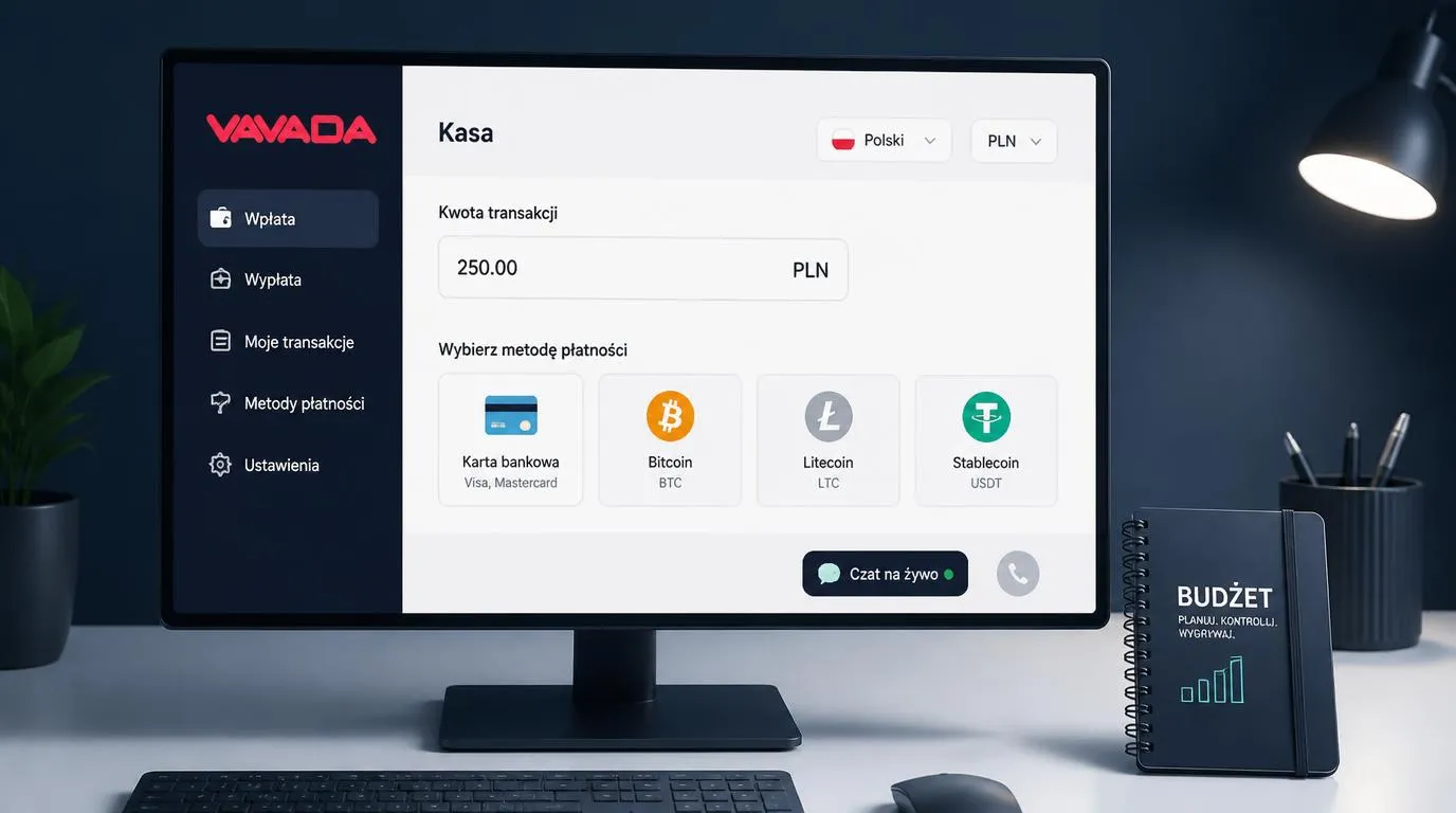 Panel kasjera z wyborem języka polskiego, walutą PLN, kartami, kryptowalutami i przyciskiem czatu