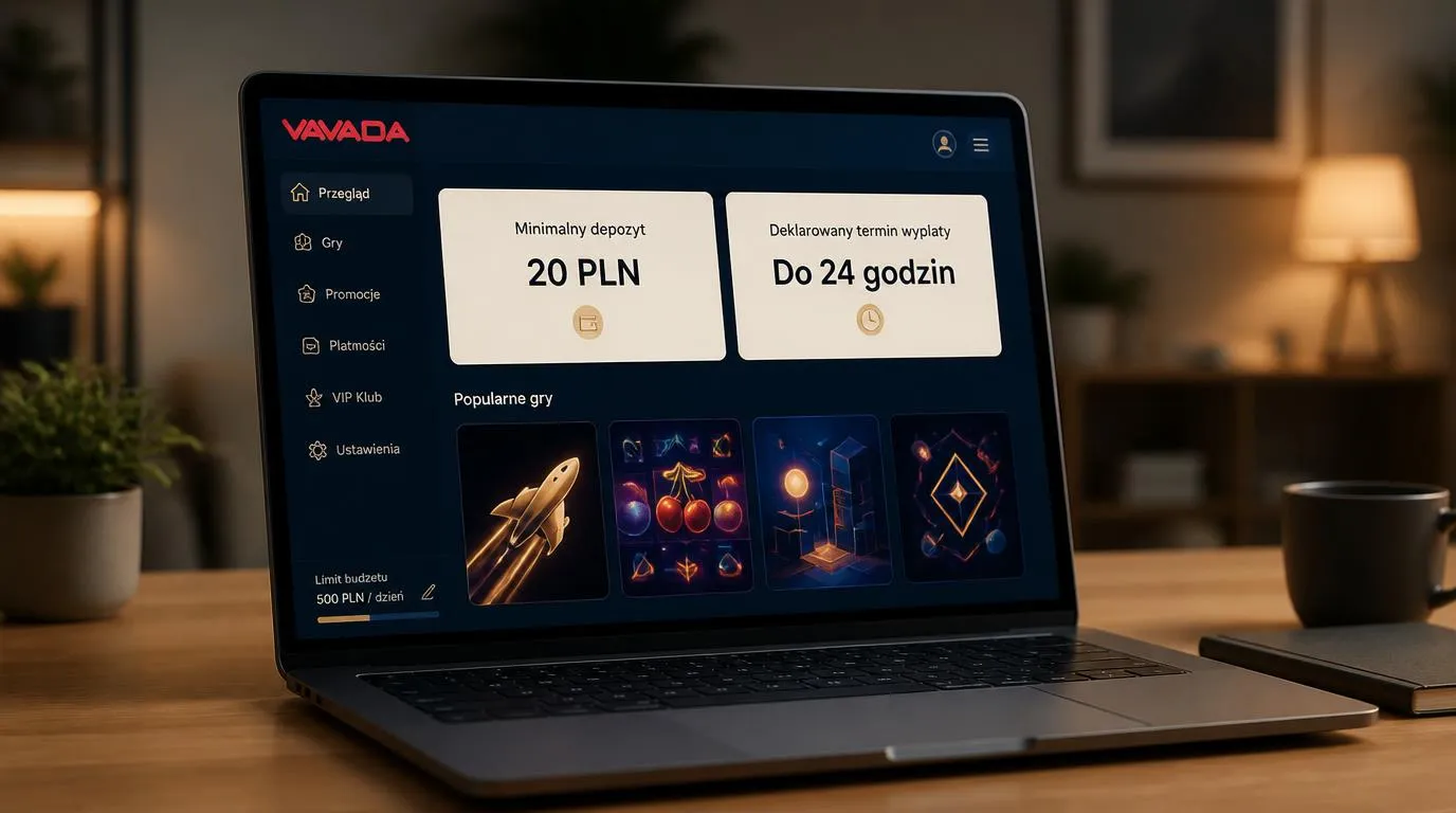 Panel kasyna z depozytem 20 PLN, terminem wypłaty do 24 godzin i miniaturami gier na ekranie laptopa