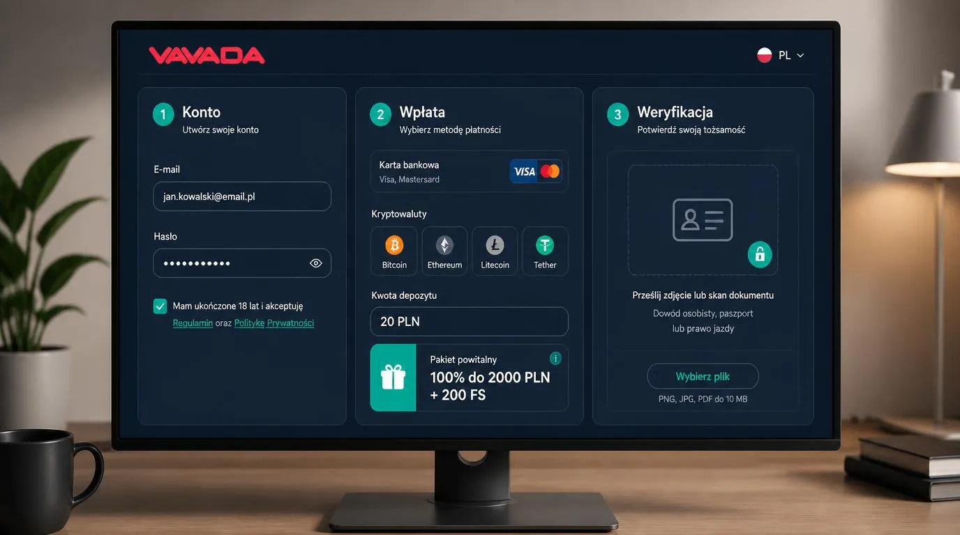 Panel rejestracji, kasa z płatnościami kartą i kryptowalutami oraz ekran weryfikacji tożsamości
