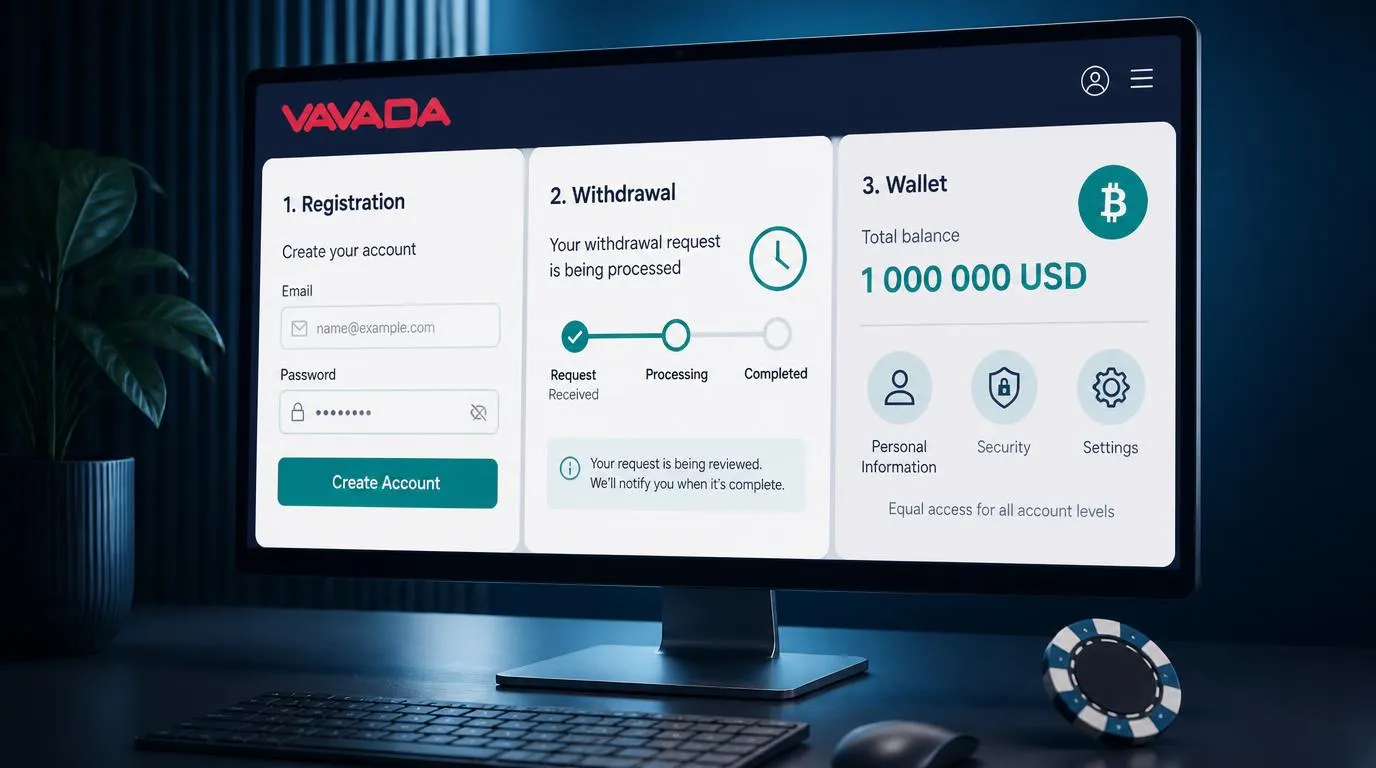 Panel kasyna z krótkim formularzem rejestracji, statusem wypłaty i limitem kryptowalutowym